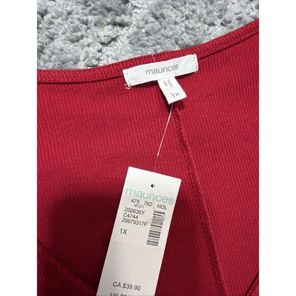 Maurices Red Surplice Tie Front Top Sheer Swiss Dot Sleeve Plus Size 1X - Picture 6 of 7